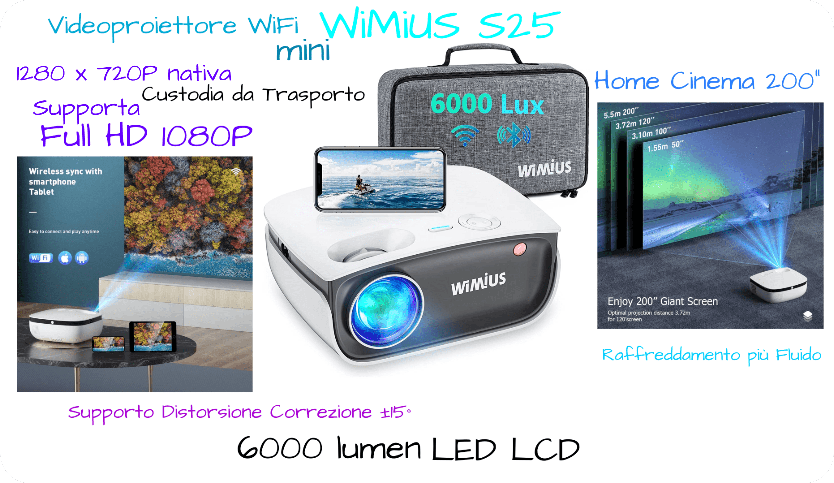 Offerta Videoproiettore WiMiUS S25 mini 6000 lumen CD Home Cinema 200 pollici Full HD