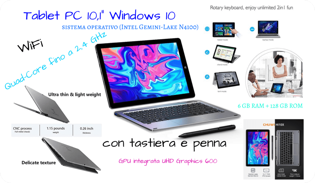 offerta Tablet PC 10,1 pollici Windows 10 Quad-Core fino a 2,4 GHz wifi con tastiera e penna